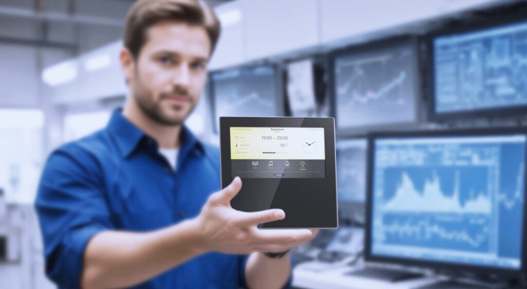 Mann, der ein Steuerungselement in der Hand hält